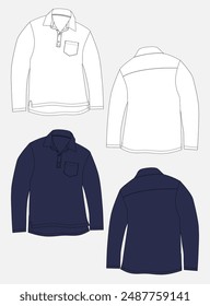 Long sleeve Polo shirt technical drawing fashion flat sketch vector illustration white and navy color template front and back views. Men's and boys polo t shirt clothing mock up cad.