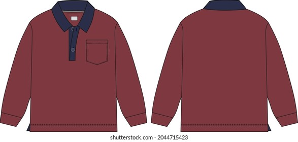 Long sleeve polo shirt template. Technical Fashion flat sketch vector illustration red color mock up front and back views isolated on white background.