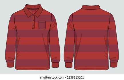 Long Sleeve polo Shirt with Yarn dye Stripe and pocket technical Fashion flat sketch Vector Illustration Drawing Template Front And back views