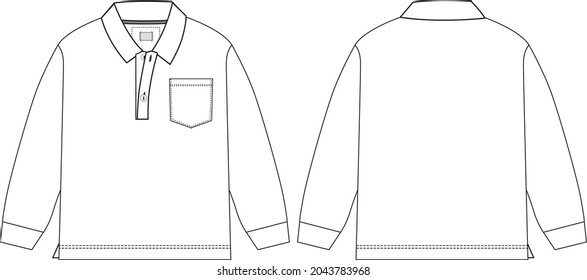 Long Sleeve Polo T Shirt Fashion Flat Sketch Vector Illustration Template Front, Back Views Isolated On White Background. Apparel Polo Shirt Clothing Mock Up For Kids.  