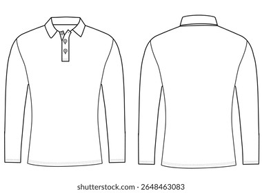 long sleeve polo t shirt Fashion flat sketch front and back views vector illustration template