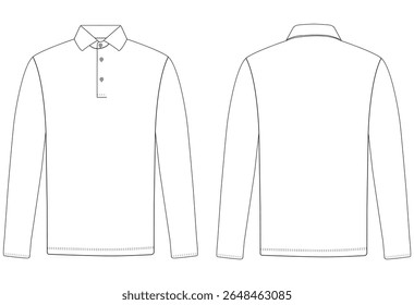 long sleeve polo t shirt Fashion flat sketch front and back views vector illustration template