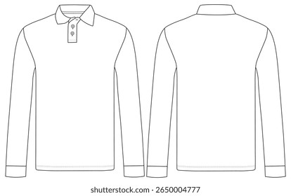  long sleeve polo t shirt Fashion flat sketch front and back views vector illustration template