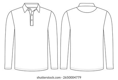  long sleeve polo t shirt Fashion flat sketch front and back views vector illustration template