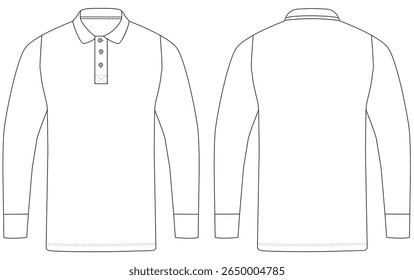  long sleeve polo t shirt Fashion flat sketch front and back views vector illustration template