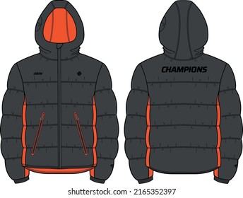 Long sleeve puffa Hoodie jacket design flat sketch Illustration  Padded Hooded jacket and front   back view  Soft shell winter jacket for Men   women for outerwear in winter 