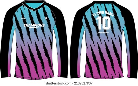 Long sleeve Racing t shirt, Sports jersey design flat sketch illustration, brush stroke pattern Motocross jersey concept with front and back view , Cricket, football, Volleyball uniform kit designs