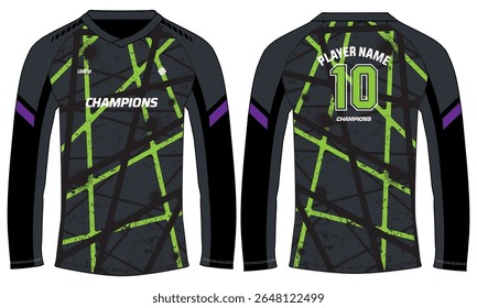 Long sleeve Racing t shirt, Sports jersey design flat sketch illustration, brush stroke pattern Motocross jersey concept with front and back view , Cricket, football, Volleyball uniform kit designs