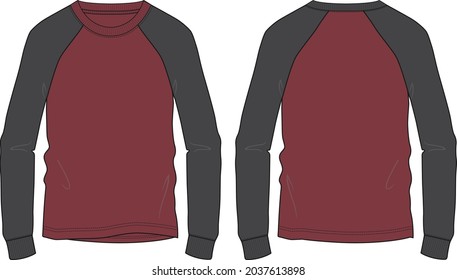 Raglan de manga larga con sudadera de color negro y rojo general moda técnica de dibujo plano plantilla vectorial frente y espalda aislados en fondo blanco. La ropa de los hombres unisex top cad Mock up.