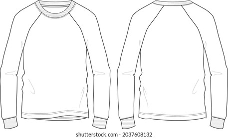 Long sleeve Raglan sweatshirt overall technical fashion flat sketch vector template front   back views isolated white background  Men's clothing unisex top cad Mock up 