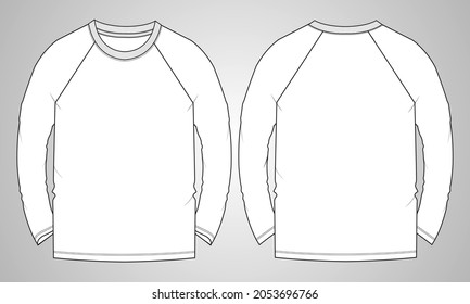 Long sleeve Raglan T shirt overall technical fashion flat sketch vector Illustration template front   back views isolated white background  Basic apparel Design Mock up for Men's 
