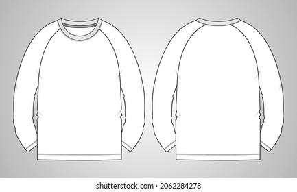 Long sleeve Raglan T shirt technical fashion flat sketch vector Illustration template front, back views isolated on Grey background. Regular fit  Basic apparel Design Mock up.