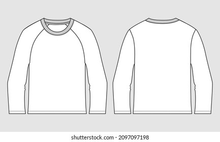 Long sleeve Raglan T- shirt overall technical fashion flat sketch vector template front and back views isolated on Grey background. Men's clothing unisex top cad Mock up.
