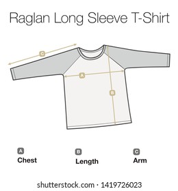 Long sleeve Raglan T-shirt size measurement for online store / You can put your Chest, Arm and Length measurements 