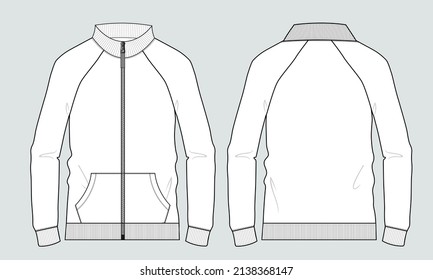 Long sleeve Raglan  zipper with pocket jacket sweatshirt overall technical fashion flat sketch vector illustration template front and back view. Apparel Jacket Flat drawing vector mock up CAD.
