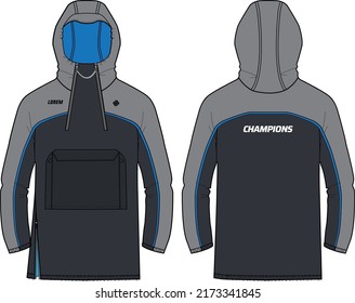 Long sleeve recovery parka Hoodie jacket design flat sketch Illustration, Hooded utility jacket with front and back view, winter jacket for Men and women. for hiker, outerwear and workout in winter