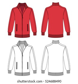 Long sleeve red jacket with zipper outlined template (front & back view), vector illustration isolated on white background