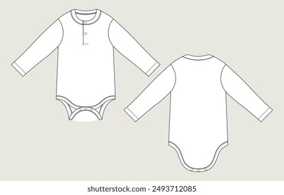 Manga larga Romper bodysuit dibujo técnico Plantilla de Ilustración vectorial de boceto plano de moda para niños