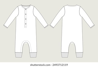 Long sleeve Romper bodysuit technical drawing fashion flat sketch vector illustration template for kids