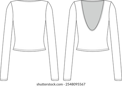 long sleeve round neck back low cut cutout backless fit elastic blouse top sweaatwear template technical drawing flat sketch cad mockup fashion woman design style model 