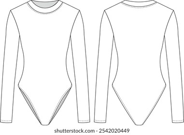 long sleeve round neck crew neck fit elastic blouse bodysuit template technical drawing flat sketch cad mockup fashion woman design style model 