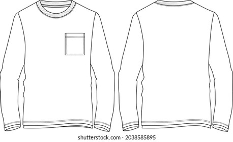 Long sleeve round neck With pocket t shirt overall technical fashion flat sketch vector illustration template front and back views isolated on white background. Cotton jersey apparel design mockup.