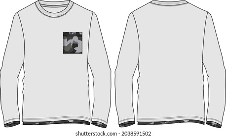 Long sleeve round neck With pocket and long bottom t shirt technical fashion flat sketch vector illustration template front, back views. Cotton grey fabric apparel design mockup. Easy editable.