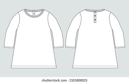 Long Sleeve With Round Neck, T- shirt tops Dress Design for kids and ladies. Technical fashion flat sketch Apparel Vector illustration Template Front and back views. Women's Unisex CAD mock up.
