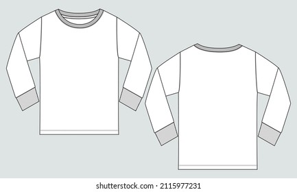 Long sleeve round neck Technical Sketch flat fashion T-shirt front and back view . Apparel dress design CAD Mock up Vector Illustration template.
