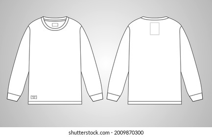 Long sleeve Round neck T-shirt overall technical fashion Drawing flat sketch template front and back view. apparel dress design vector illustration mockup tee CAD. Easy edit and customizable.