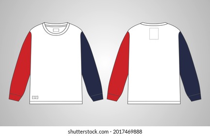 Long sleeve Round neck T-shirt overall technical fashion Drawing flat sketch template front and back view. apparel dress design vector illustration mockup tee CAD. Easy edit and customizable.