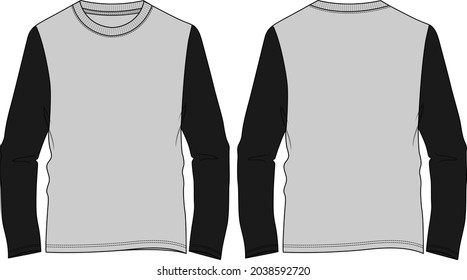 Long sleeve round neck Two tone black and grey t shirt overall technical fashion flat sketch vector illustration template front and back views. Cotton jersey apparel design mockup. Easy editable.