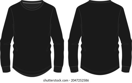 Long sleeve with round style bottom  basic t shirt technical fashion flat sketch vector template. Cotton jersey apparel design Black color mockup front, back views isolated on white background. 