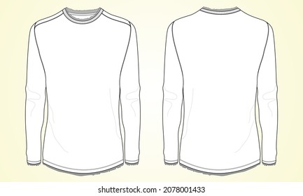 Long sleeve with round style bottom basic t shirt technical fashion flat sketch vector template. Cotton jersey apparel design mockup front, back views isolated on white background. Men unisex cad.