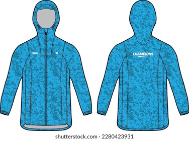 Long sleeve running shell Hoodie jacket design flat sketch Illustration, Hooded weather jacket with front and back view, winter jacket for Men and women. for hiker, outerwear and workout in winter