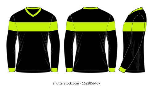 Long Sleeve Shirt Design With Black-Green Reflective Vector.Front, Back And Side View.