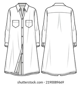 Vestido de la camiseta de manga larga, soporte completo delantero con pestaña Kurta vista frontal y posterior. vector de ilustración de moda, CAD, dibujo técnico, plano plano.