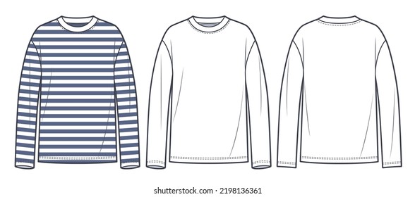 Long Sleeve Shirt fashion flat tehnical drawing template. Unisex T-Shirt fashion template, crew neck, long sleeve, front and back view,  stripe design, white, blue, women, men, CAD mockup set.