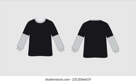 Long Sleeve Shirt fashion flat tehnical drawing template. Unisex T-Shirt fashion template, crew neck, long sleeve, front and back view, white colour, women, men, mockup.