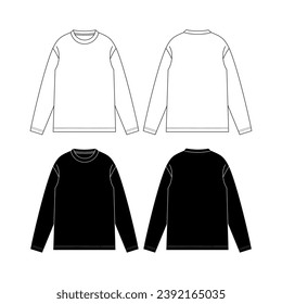 Long Sleeve Shirt fashion flat tehnical drawing template. Unisex T-Shirt fashion template, crew neck, long sleeve, front and back view, white colour, women, men, CAD mockup.