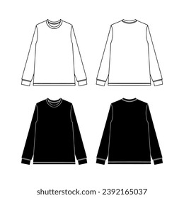 Long Sleeve Shirt fashion flat tehnical drawing template. Unisex T-Shirt fashion template, crew neck, long sleeve, front and back view, white colour, women, men, CAD mockup.