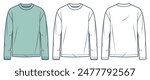 Long Sleeve Shirt fashion technical drawing template. Unisex T-Shirt technical fashion illustration, crew neck, long sleeve, front, back view, white, mint green, women, men, unisex Top CAD mockup set.