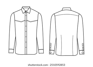 Camisa de manga larga, camisa formal, contorno, Ilustración vectorial, Plantilla. Parte trasera y delantera de la camisa