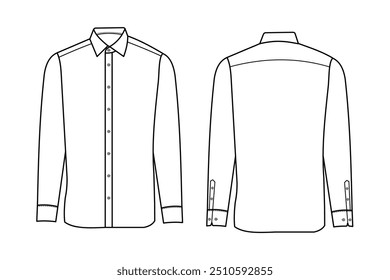 Camisa de manga larga, camisa formal, contorno, Ilustración vectorial, Plantilla. Parte trasera y delantera de la camisa