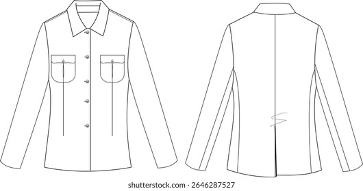 Long Sleeve Shirt Front and Back Illustration, Buttoned Shirt with Front Pockets
