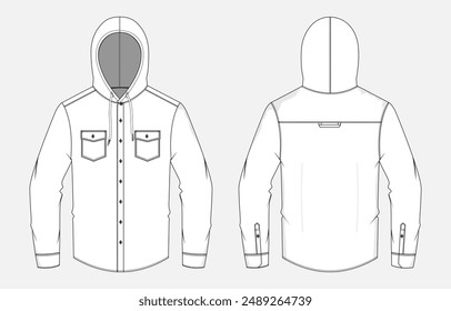 Long sleeve shirt with hood technical drawing fashion flat sketch vector illustration template front and back views. Garments shirt mock up cad for men's and boys