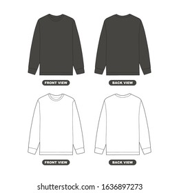 Long Sleeve Shirt Illustration Black and White Front and Back View Mockup Vector Template, Long Sleeve Shirt Streetwear