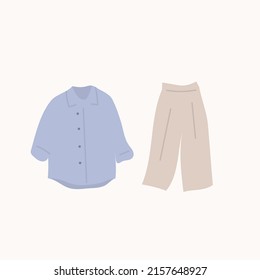 Long sleeve shirt and pants. Oversized linen clothes. Flat simle icons. Vector