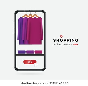 Long sleeve shirt in purple tones put on hanger and hung on edge of smartphone and there were folded shirts on shelf,vector 3d isolated on white backgroud for online shopping on smartphone platform