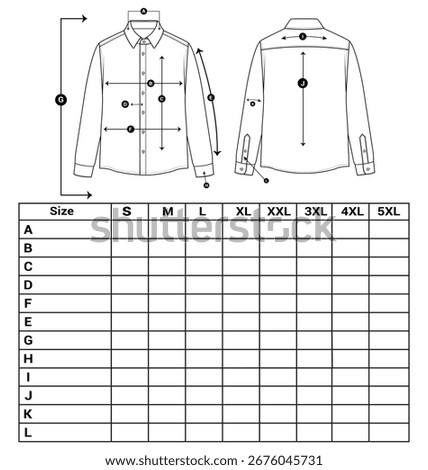 long sleeve Shirt Technical Drawing size chart vector Illustration